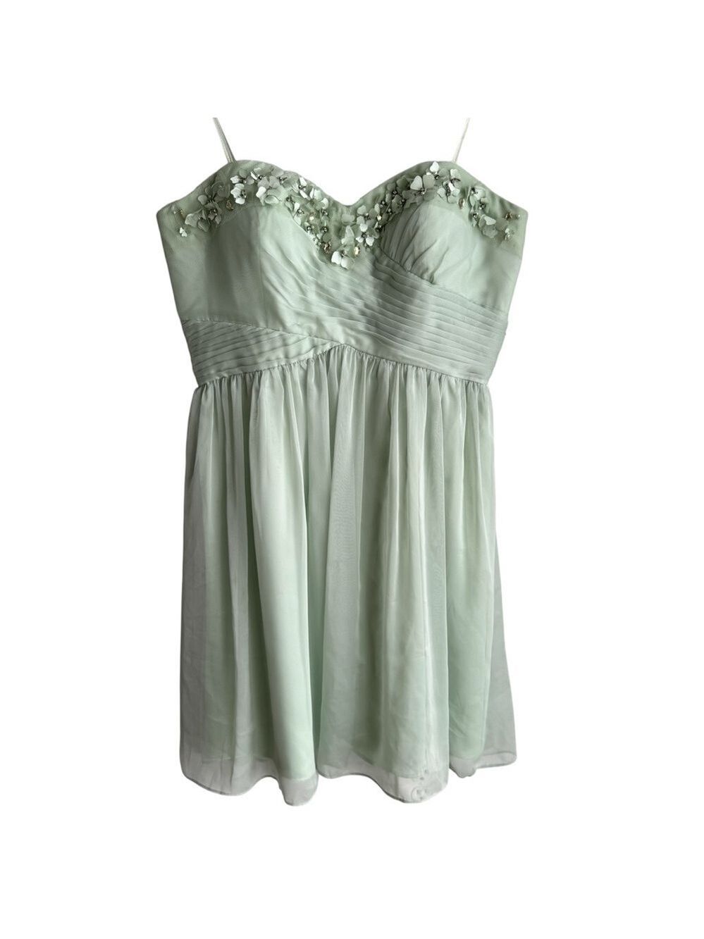 Adrianna Papell Mint Green Strapless Chiffon Floral Beaded Dress Sz 14 Short EUC